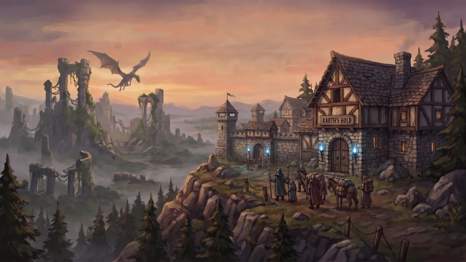 The Reclamation: Karth's Hold, a timbered waystation and walled gate on a rocky bluff, travellers and a laden mule gathering at its door. Below and behind it a misted valley of overgrown imperial ruins, with a dragon crossing a dusk sky.