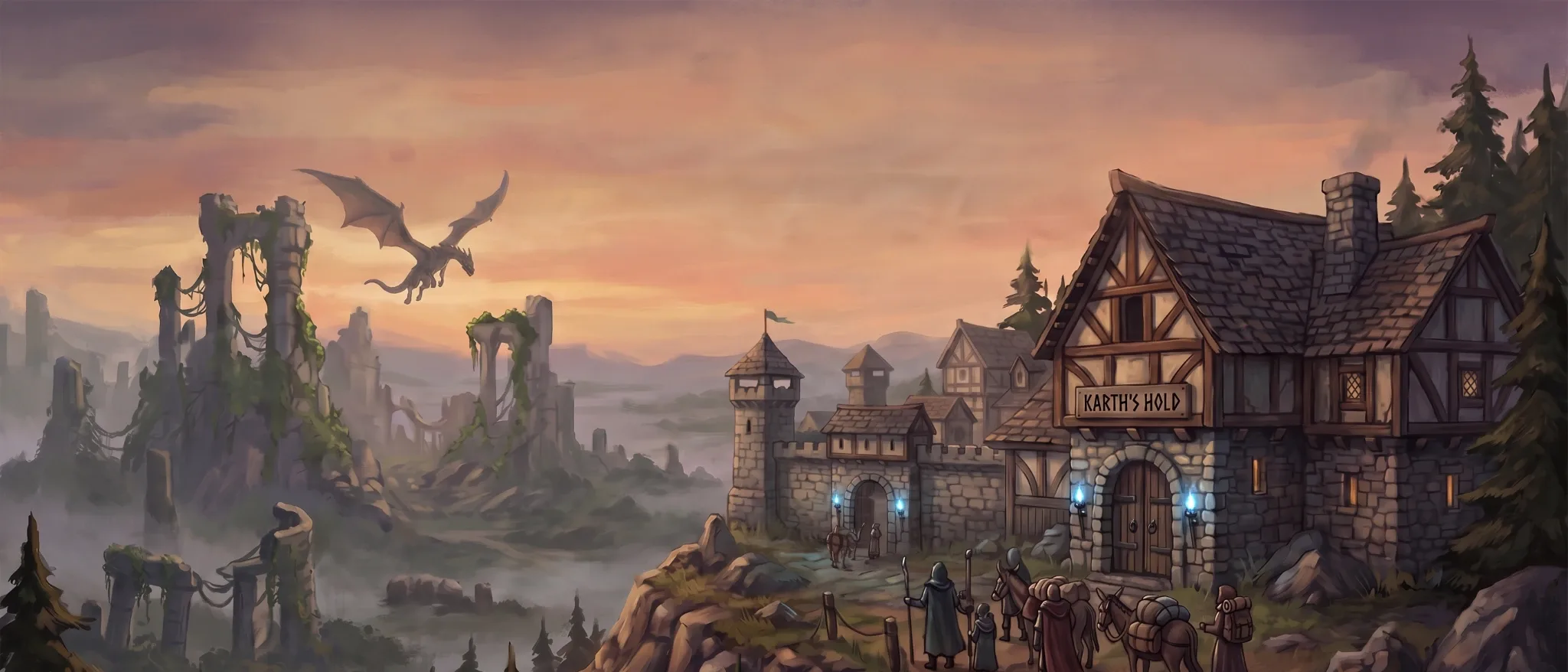 Vaelantir: the frontier waystation of Karth's Hold on its bluff at dusk, gate lit and travellers gathering, looking out over a valley of ivied imperial ruins with a dragon crossing the sky.